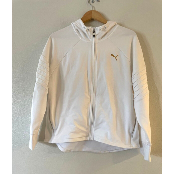 Puma Women's Full-Zip Hoodie Sweatshirt Large White Logo Pintuck Raglan Sleeve - Picture 2 of 10